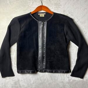 Vtg Escapade Suede Front Knit Sweater Women's M Studded Black Leather Zip Up